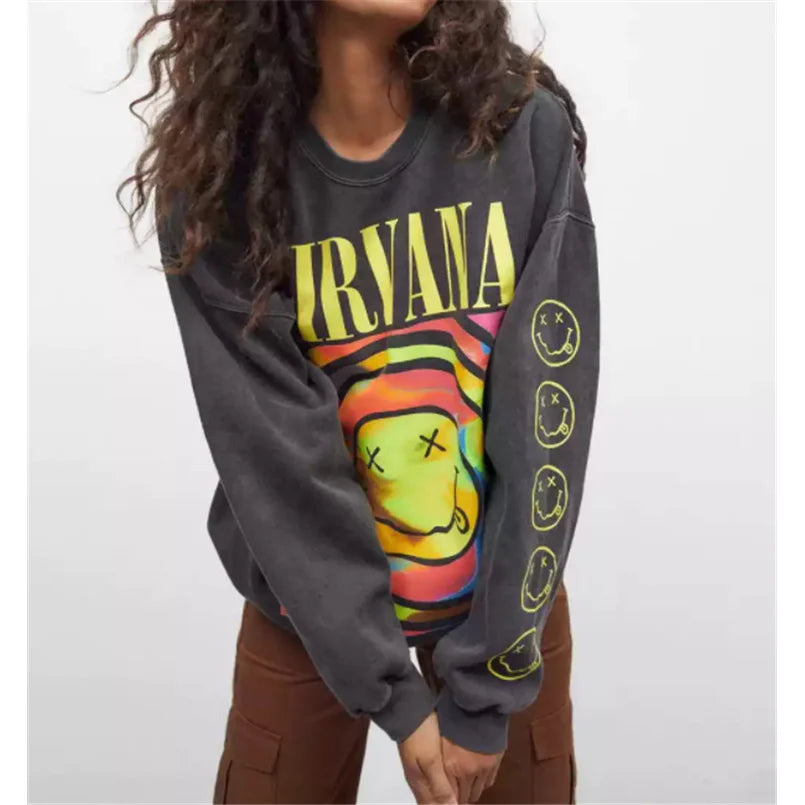 Nirvana Long Sleeve Loose Sweatshirt Women Spring Casual Fashion Grunge Oversized o Neck Pullover Clothes 2023