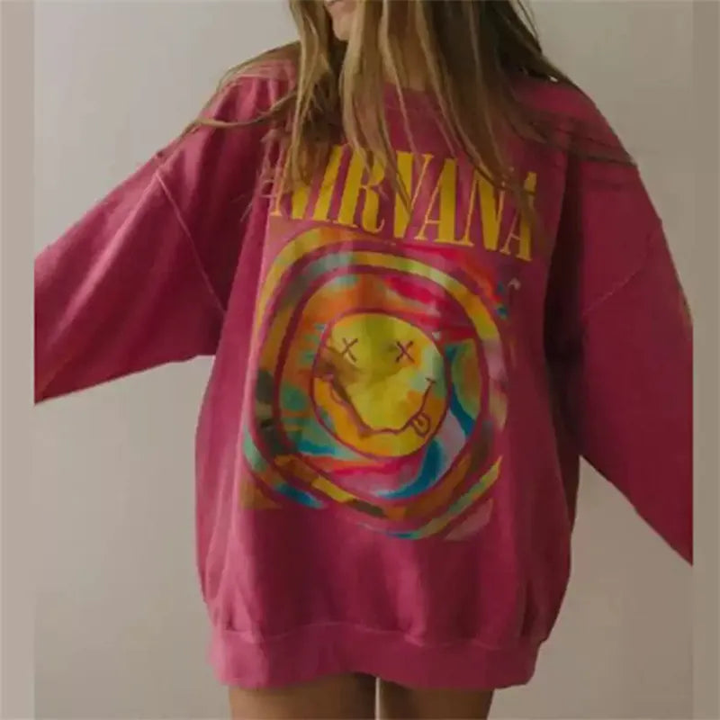 Nirvana Long Sleeve Loose Sweatshirt Women Spring Casual Fashion Grunge Oversized o Neck Pullover Clothes 2023